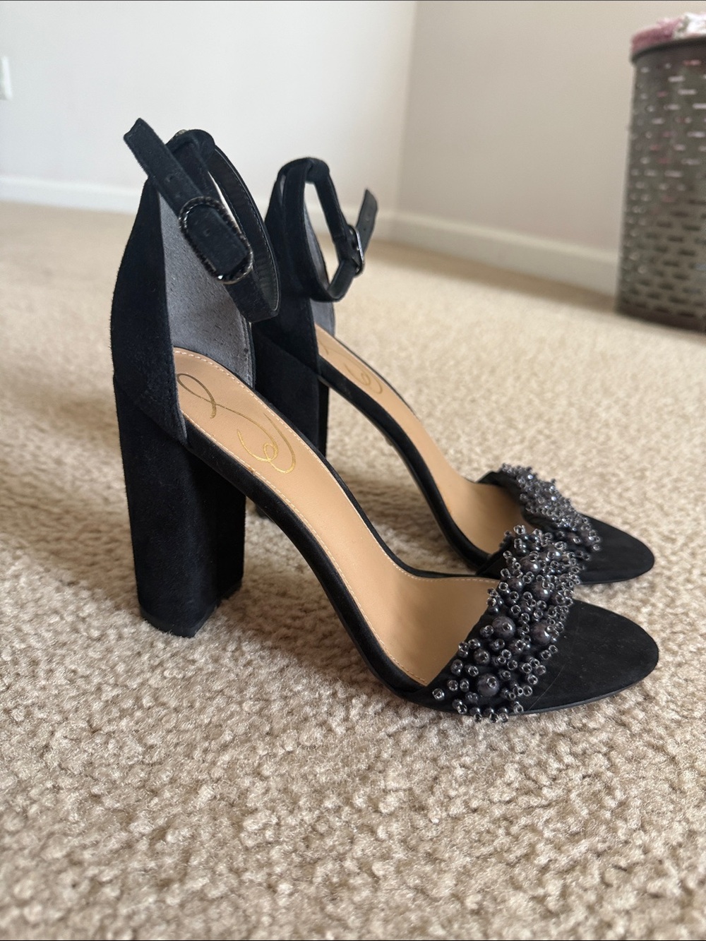 Black Beaded Suede Block Heel Sandals - Women's Evening Shoes